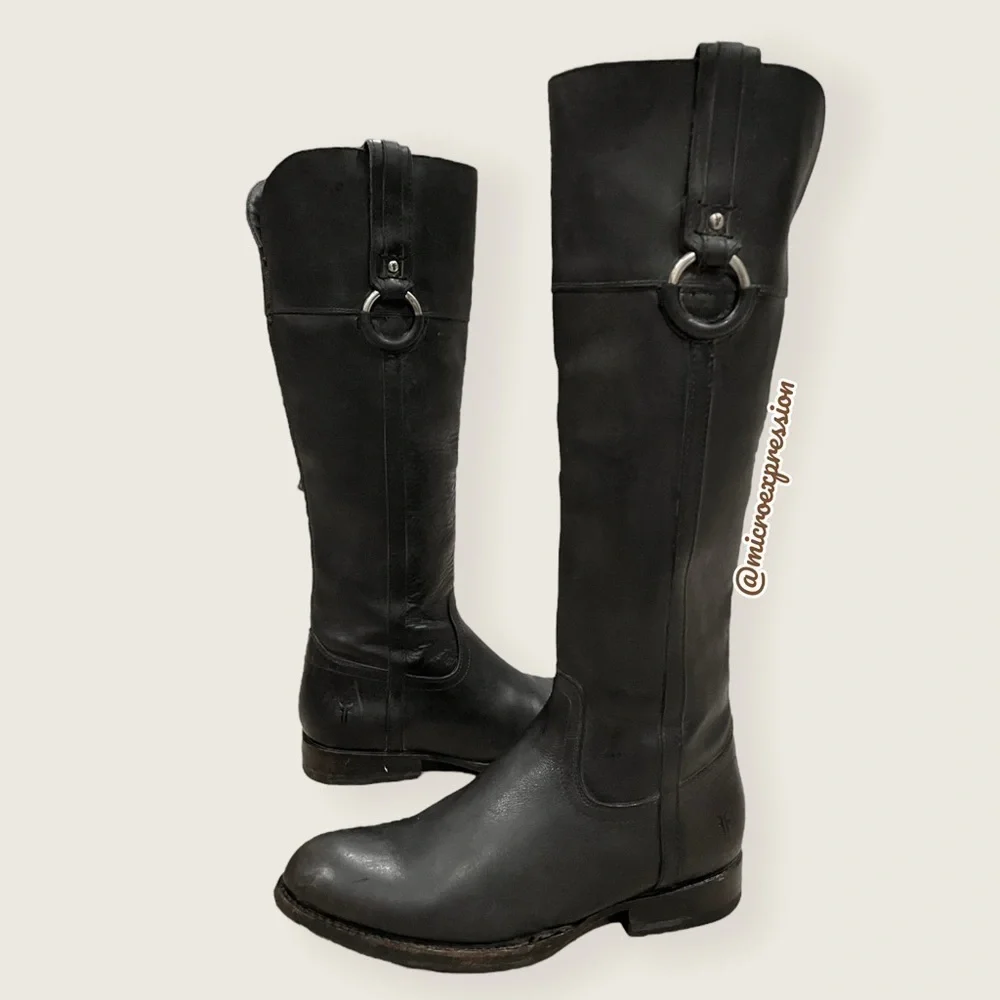 $389 Frye Jamie Ring Tall Distressed Stone Black Leather Knee High Zip Up Boot
